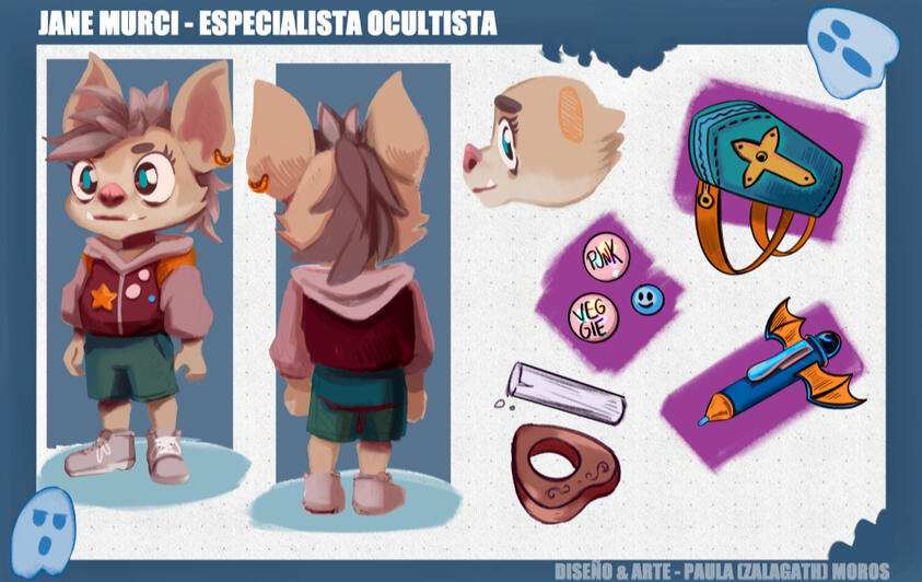 personaje chibi con rasgos de murciélago y props